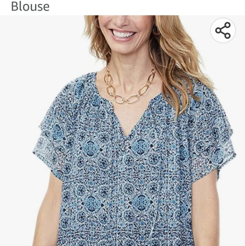 NYDJ Blouse, size medium,   short sleeve peasant blouse. Full bloom mosaic blue.